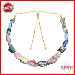 Adjustable Bolo Bracelet with Raw Ethiopian Opal Gemstones, 14k Gold Plated